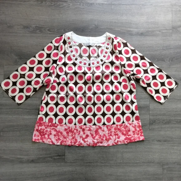 Soft by Avenue Geometric Print Blouse Size 18/20 3/4 Sleeve Brown Red White - Picture 1 of 11